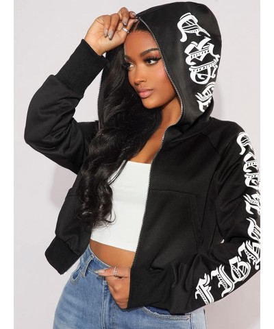 Women's Letter Graphic Long Sleeve Cropped Zip Up Hoodie Pocket Hooded Sweatshirt Black $19.23 Hoodies & Sweatshirts