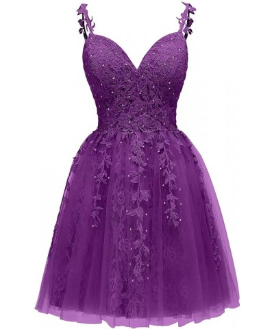 Women's Tulle Lace Applique Homecoming Dresses V Neck Short Prom Party Cocktail Dresses for Teens Grape $28.06 Dresses