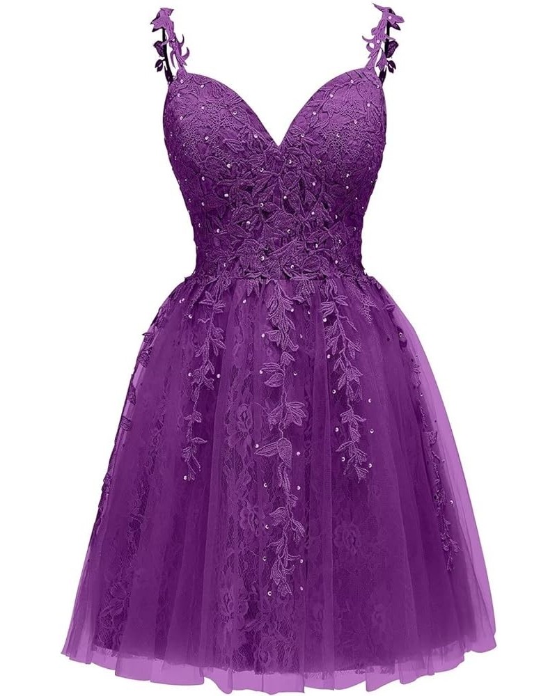 Women's Tulle Lace Applique Homecoming Dresses V Neck Short Prom Party Cocktail Dresses for Teens Grape $28.06 Dresses