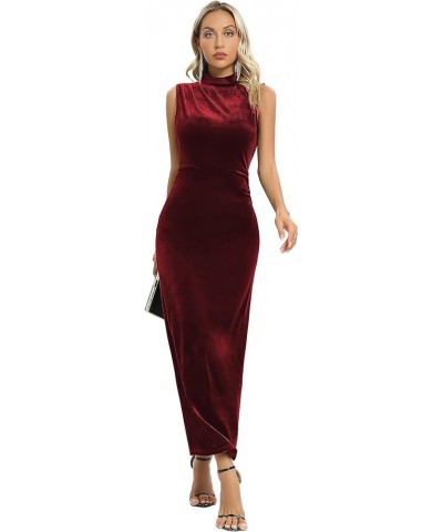 Womens Backless Velvet Maxi Dress Sexy Split Ruched Bodycon Dress Velvet Open Back Cocktail Evening Party Dress 72091 Wine Re...