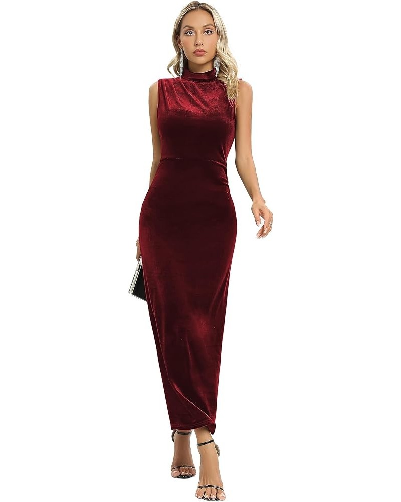 Womens Backless Velvet Maxi Dress Sexy Split Ruched Bodycon Dress Velvet Open Back Cocktail Evening Party Dress 72091 Wine Re...