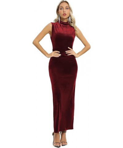 Womens Backless Velvet Maxi Dress Sexy Split Ruched Bodycon Dress Velvet Open Back Cocktail Evening Party Dress 72091 Wine Re...