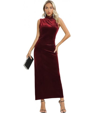 Womens Backless Velvet Maxi Dress Sexy Split Ruched Bodycon Dress Velvet Open Back Cocktail Evening Party Dress 72091 Wine Re...