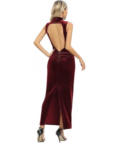 Womens Backless Velvet Maxi Dress Sexy Split Ruched Bodycon Dress Velvet Open Back Cocktail Evening Party Dress 72091 Wine Re...