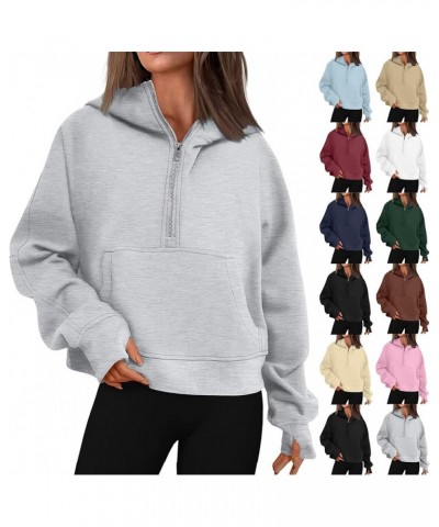 Womens' Half Zip Pullover Fleece Stand Collar Cropped Sweatshirt with Pockets Thumb Hole Workout Crop Tops Winter A-gray $11....