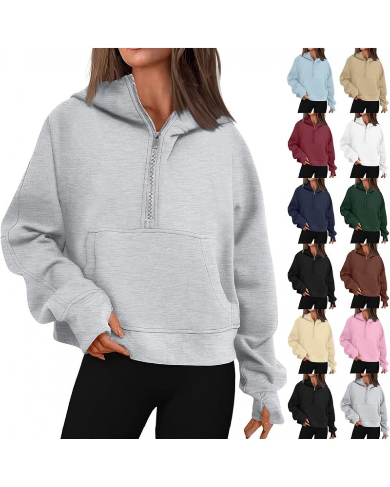 Womens' Half Zip Pullover Fleece Stand Collar Cropped Sweatshirt with Pockets Thumb Hole Workout Crop Tops Winter A-gray $11....