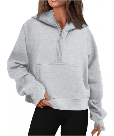 Womens' Half Zip Pullover Fleece Stand Collar Cropped Sweatshirt with Pockets Thumb Hole Workout Crop Tops Winter A-gray $11....