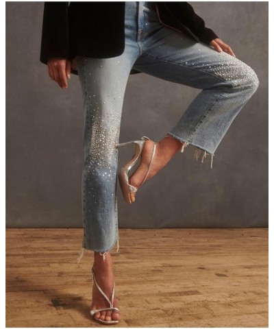 Women's Jean Pants Rhinestone Denim Pants High Waist Slim Fit Jeans Y2K Cropped Jeans with Pockets Blue $18.23 Jeans