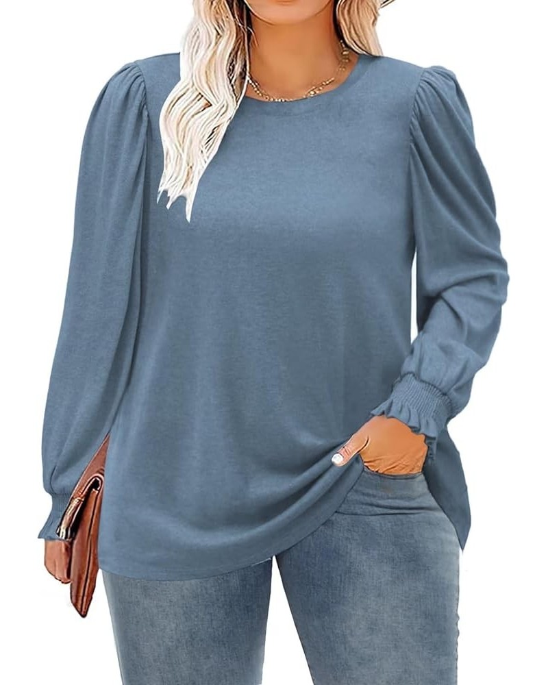 Womens-Plus-Size-Tops Dressy Puff Sleeve Casual Smocked Cuffs Tunic Shirts XL-5XL Grey Blue $17.04 Tops