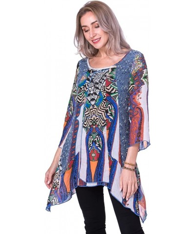 Women's Multi Tunic Tops To Wear With Leggings Ladies Round Neck Plus Size Tunic for Woman Vintage Blue $15.31 Tops