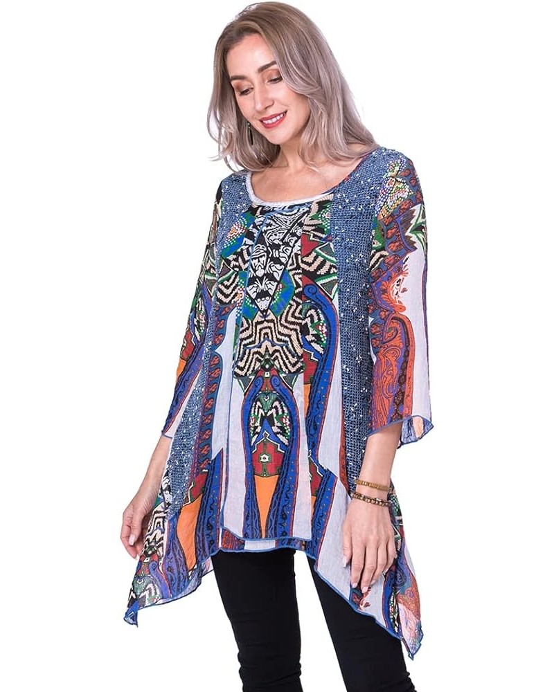 Women's Multi Tunic Tops To Wear With Leggings Ladies Round Neck Plus Size Tunic for Woman Vintage Blue $15.31 Tops