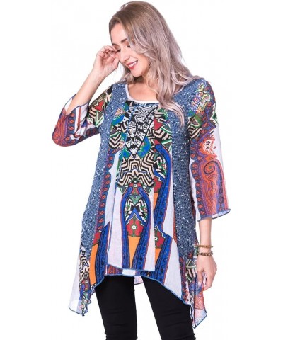 Women's Multi Tunic Tops To Wear With Leggings Ladies Round Neck Plus Size Tunic for Woman Vintage Blue $15.31 Tops