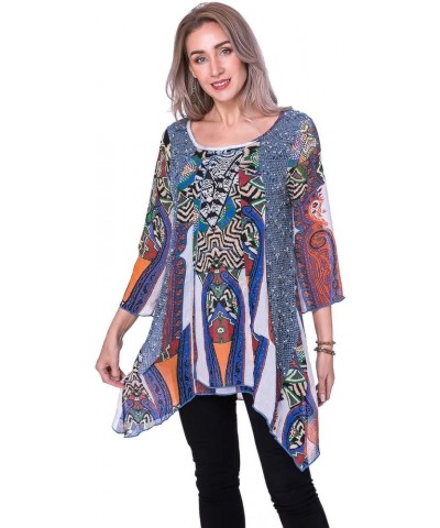 Women's Multi Tunic Tops To Wear With Leggings Ladies Round Neck Plus Size Tunic for Woman Vintage Blue $15.31 Tops