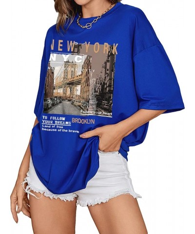 Women's Graphic Half Sleeve Drop Shoulder Crewneck Oversized T Shirt Tops Slogan Royal Blue $12.23 T-Shirts