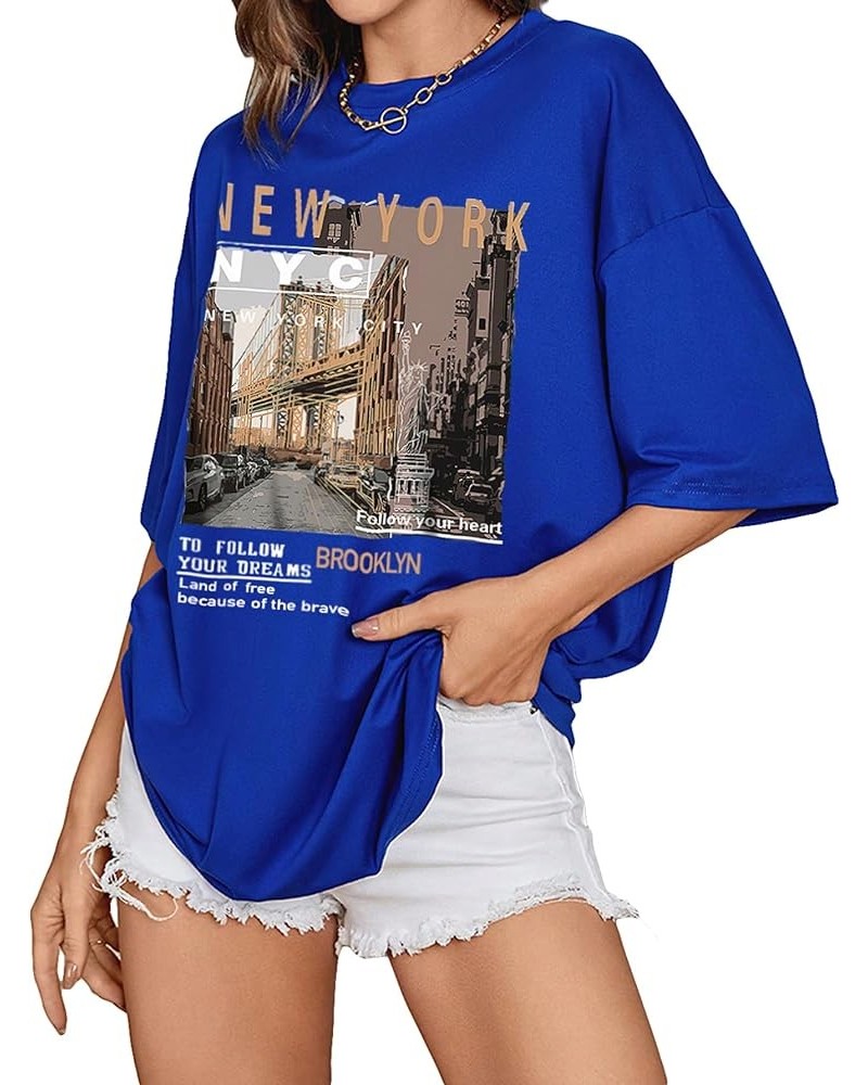 Women's Graphic Half Sleeve Drop Shoulder Crewneck Oversized T Shirt Tops Slogan Royal Blue $12.23 T-Shirts