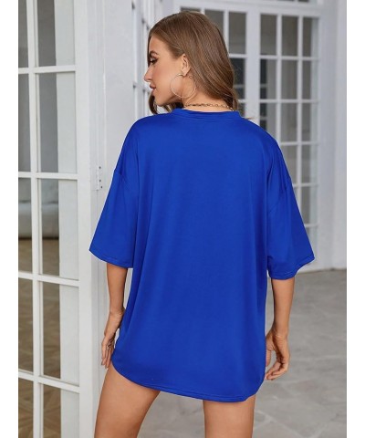 Women's Graphic Half Sleeve Drop Shoulder Crewneck Oversized T Shirt Tops Slogan Royal Blue $12.23 T-Shirts