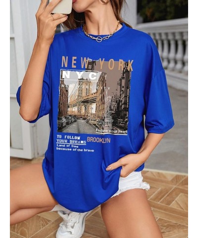 Women's Graphic Half Sleeve Drop Shoulder Crewneck Oversized T Shirt Tops Slogan Royal Blue $12.23 T-Shirts