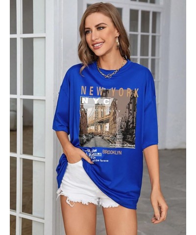 Women's Graphic Half Sleeve Drop Shoulder Crewneck Oversized T Shirt Tops Slogan Royal Blue $12.23 T-Shirts