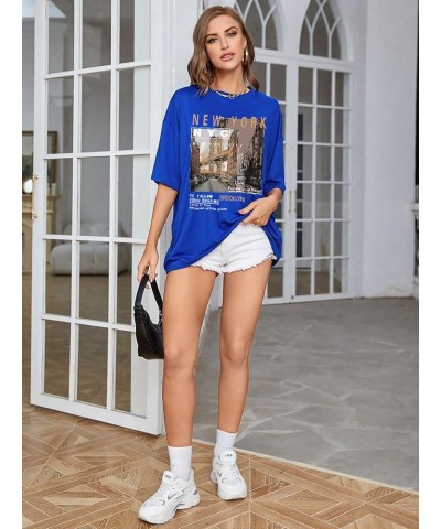 Women's Graphic Half Sleeve Drop Shoulder Crewneck Oversized T Shirt Tops Slogan Royal Blue $12.23 T-Shirts