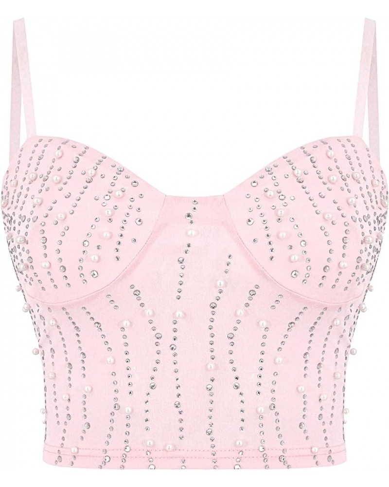 Women's Sexy Rhinestone Bustier Corset Glitter Diamond Push Up Crop Top Bra Vest Rave Party Clubwear Pink 951 $13.02 Bras