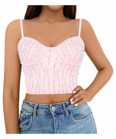 Women's Sexy Rhinestone Bustier Corset Glitter Diamond Push Up Crop Top Bra Vest Rave Party Clubwear Pink 951 $13.02 Bras