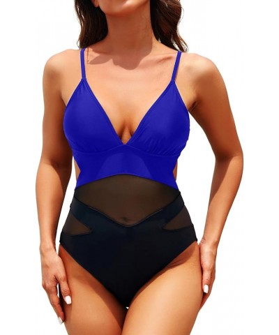 Women Sexy One Piece Swimsuits Mesh High Waisted Bathing Suits Plunge V Neck Monokini Cutout Swimwear Black Blue $10.25 Swims...