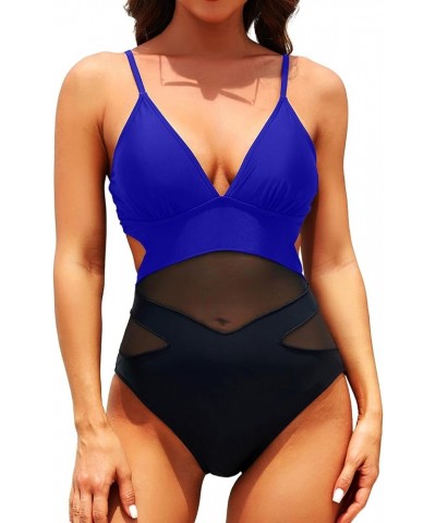 Women Sexy One Piece Swimsuits Mesh High Waisted Bathing Suits Plunge V Neck Monokini Cutout Swimwear Black Blue $10.25 Swims...