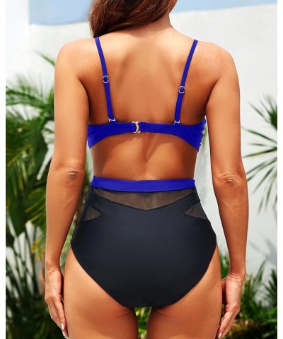 Women Sexy One Piece Swimsuits Mesh High Waisted Bathing Suits Plunge V Neck Monokini Cutout Swimwear Black Blue $10.25 Swims...