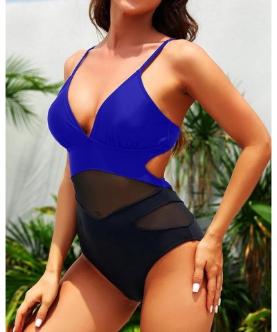 Women Sexy One Piece Swimsuits Mesh High Waisted Bathing Suits Plunge V Neck Monokini Cutout Swimwear Black Blue $10.25 Swims...