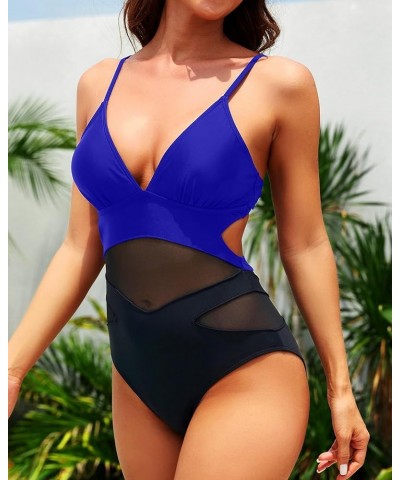 Women Sexy One Piece Swimsuits Mesh High Waisted Bathing Suits Plunge V Neck Monokini Cutout Swimwear Black Blue $10.25 Swims...