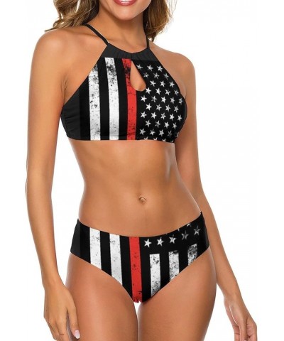 Women's Girls Bikini Sets Beachwear Bathing Suit with Adjustable Straps Red Thin Flag Firefighter $14.00 Swimsuits