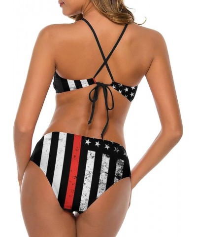 Women's Girls Bikini Sets Beachwear Bathing Suit with Adjustable Straps Red Thin Flag Firefighter $14.00 Swimsuits