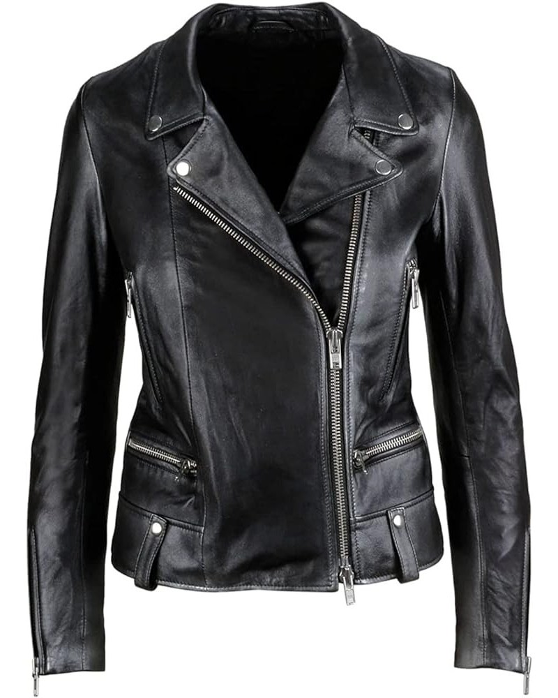 SAMS Classic Women Genuine Leather Jacket - Ladies Slim Fit Motorcycle Jacket Black Black 02 $41.40 Coats