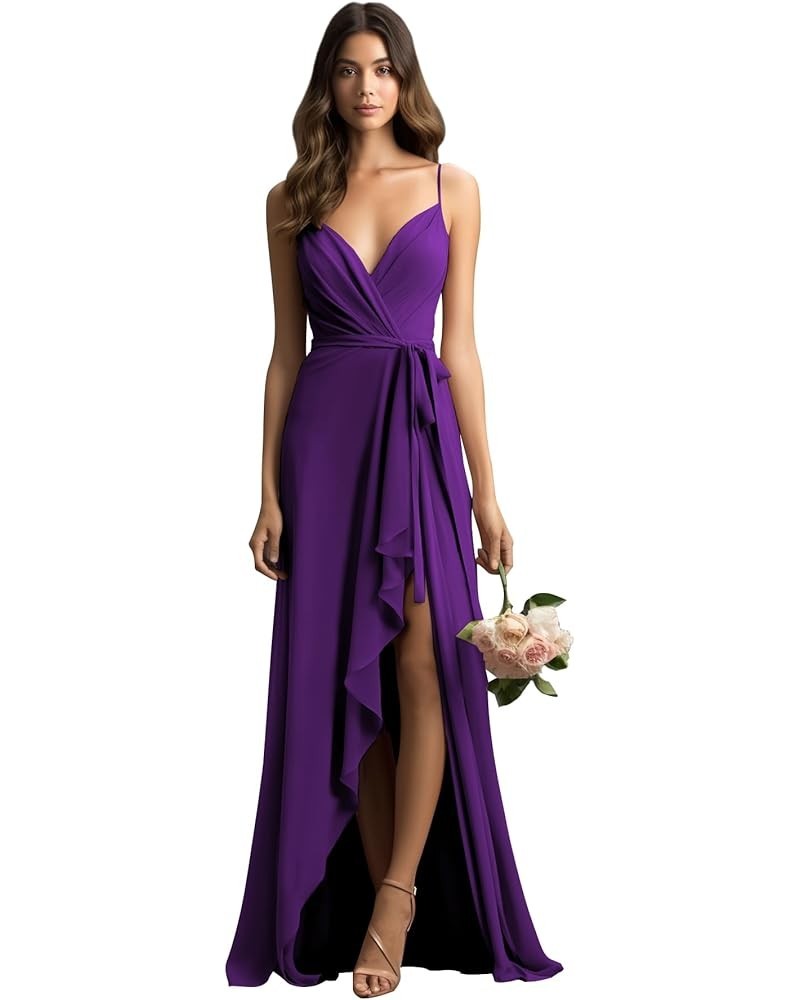 Chiffon Bridesmaid Dresses Long for Women Ruched Chiffon Ruffled Spaghetti Strap Formal Dress Purple $26.09 Dresses