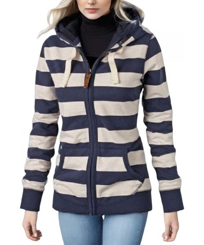 Womens Hooded Sweatshirts Color Block Full Zip Up Jackets Long Sleeve Striped Coats Drawstring Outwear with Pockets A-navy $1...