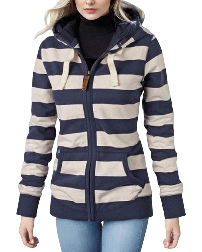 Womens Hooded Sweatshirts Color Block Full Zip Up Jackets Long Sleeve Striped Coats Drawstring Outwear with Pockets A-navy $1...