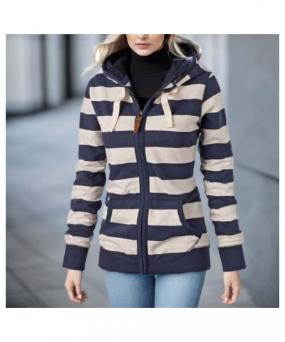 Womens Hooded Sweatshirts Color Block Full Zip Up Jackets Long Sleeve Striped Coats Drawstring Outwear with Pockets A-navy $1...