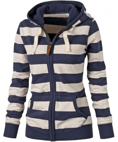 Womens Hooded Sweatshirts Color Block Full Zip Up Jackets Long Sleeve Striped Coats Drawstring Outwear with Pockets A-navy $1...