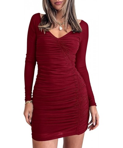 Womens Mesh Long Sleeve Ruched Mini Dress 2023 V Neck Cocktail Party Short Bodycon Dresses Wine Red $11.52 Dresses