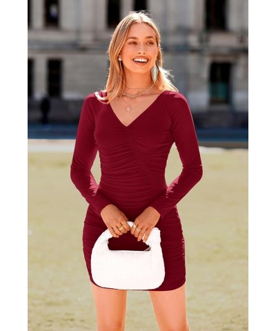 Womens Mesh Long Sleeve Ruched Mini Dress 2023 V Neck Cocktail Party Short Bodycon Dresses Wine Red $11.52 Dresses