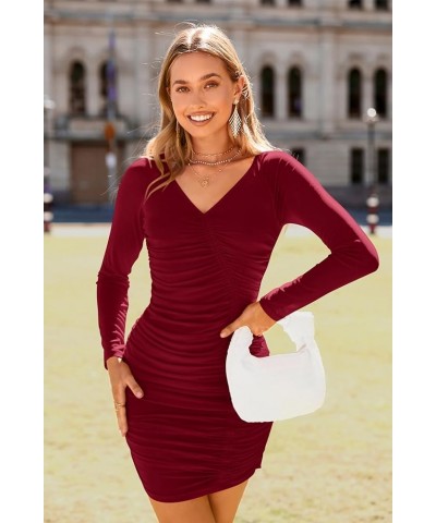 Womens Mesh Long Sleeve Ruched Mini Dress 2023 V Neck Cocktail Party Short Bodycon Dresses Wine Red $11.52 Dresses