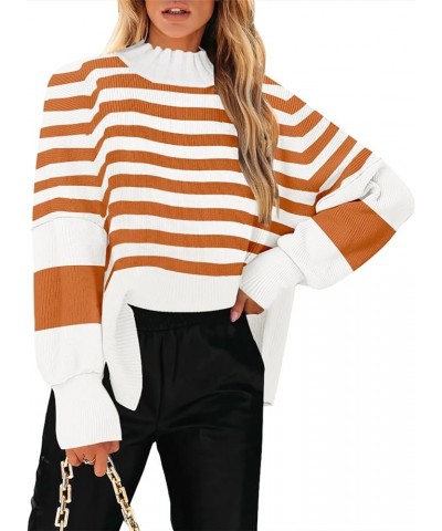 Women's Mock Turtle Neck Long Sleeve Striped Oversized Side Slit Soft Knit Pullover Sweater Tops Striped Caramel08 $21.50 Swe...