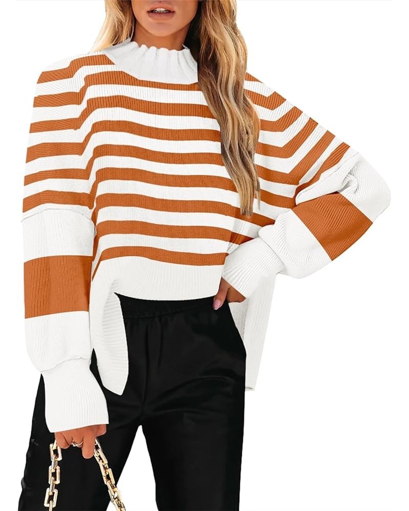 Women's Mock Turtle Neck Long Sleeve Striped Oversized Side Slit Soft Knit Pullover Sweater Tops Striped Caramel08 $21.50 Swe...