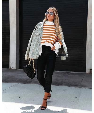 Women's Mock Turtle Neck Long Sleeve Striped Oversized Side Slit Soft Knit Pullover Sweater Tops Striped Caramel08 $21.50 Swe...