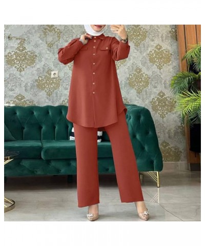 Muslim Long Sleeve Blouse Wide Leg Pants Suits Autumn Solid Abaya Women Matching Sets 2PCS Tracksuits Turkey Kaftan Brick Red...