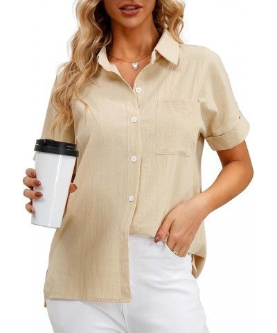 Womens Casual Summer Tops Short Sleeve Shirts V Neck Botton Down Solid Blouses with Pockets Beige $9.66 Blouses