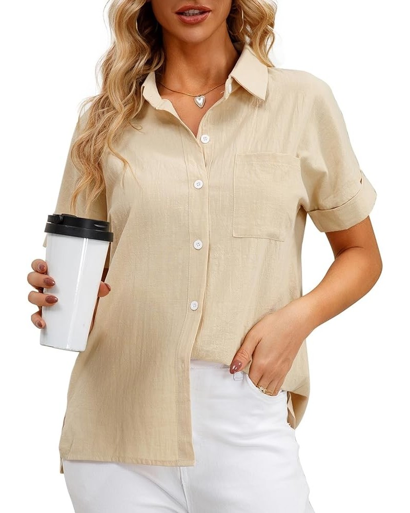 Womens Casual Summer Tops Short Sleeve Shirts V Neck Botton Down Solid Blouses with Pockets Beige $9.66 Blouses