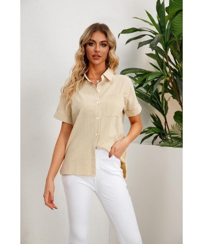 Womens Casual Summer Tops Short Sleeve Shirts V Neck Botton Down Solid Blouses with Pockets Beige $9.66 Blouses