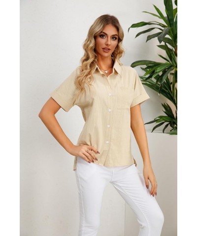 Womens Casual Summer Tops Short Sleeve Shirts V Neck Botton Down Solid Blouses with Pockets Beige $9.66 Blouses