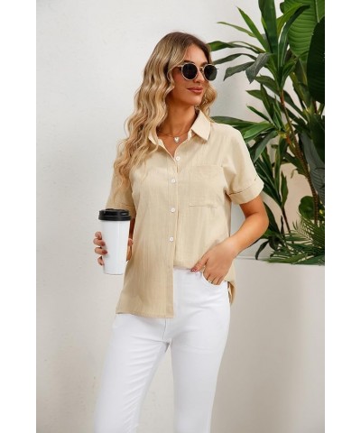 Womens Casual Summer Tops Short Sleeve Shirts V Neck Botton Down Solid Blouses with Pockets Beige $9.66 Blouses